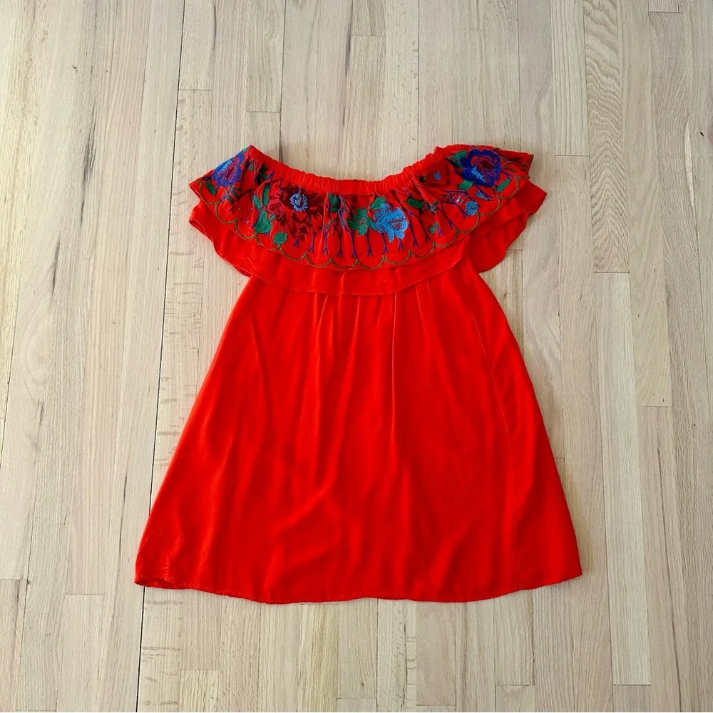 Altar’d State Red Off Shoulder Mini Dress with Flower Embroidery, Size XS - Picture 6 of 8